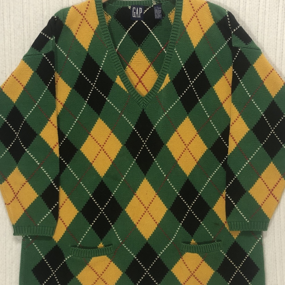 Vintage Gap Argyle V-Neck Sweater Green Yellow Black Cotton Men Large